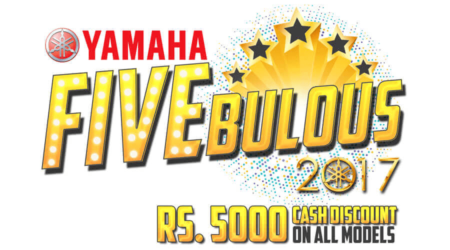 Promotional graphic for yamaha's "fivebulous" event in 2017, offering a rs. 5,000 cash discount on all models.