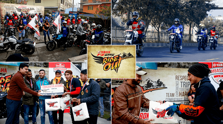 A collage showcasing different moments from a yamaha motorcycle group event, featuring riders gathering with flags, driving in formation on the street, receiving awards, and engaging in social interactions.