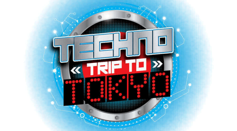 Digitalized event poster featuring the words "techno trip to tokyo" with a futuristic and electronic theme, suggesting a music or technology-related gathering with a focus on tokyo's vibrant scene.