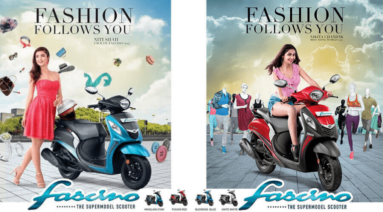 Two promotional images for the yamaha fascino scooter depicting a stylish young woman with the scooter, against a backdrop of fashion accessories floating around, under the tagline "fashion follows you.